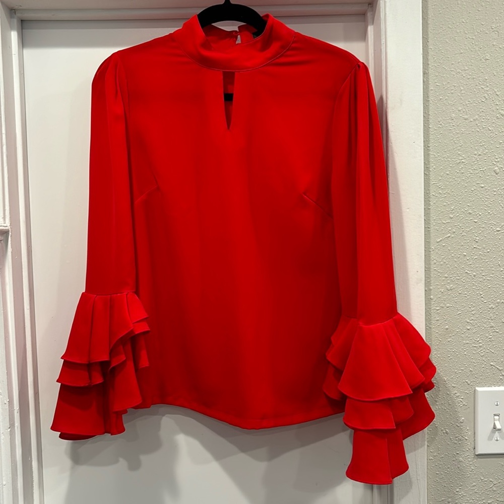 Gracia Red Ruffle Sleeve Mock Neck Blouse w/ Keyhole